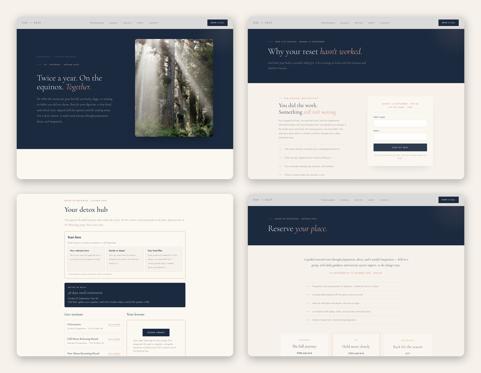 Four pages of the Fay au Fait site: the Detox of Becoming programme page, the webinar registration page, the participant hub and the enrolment page