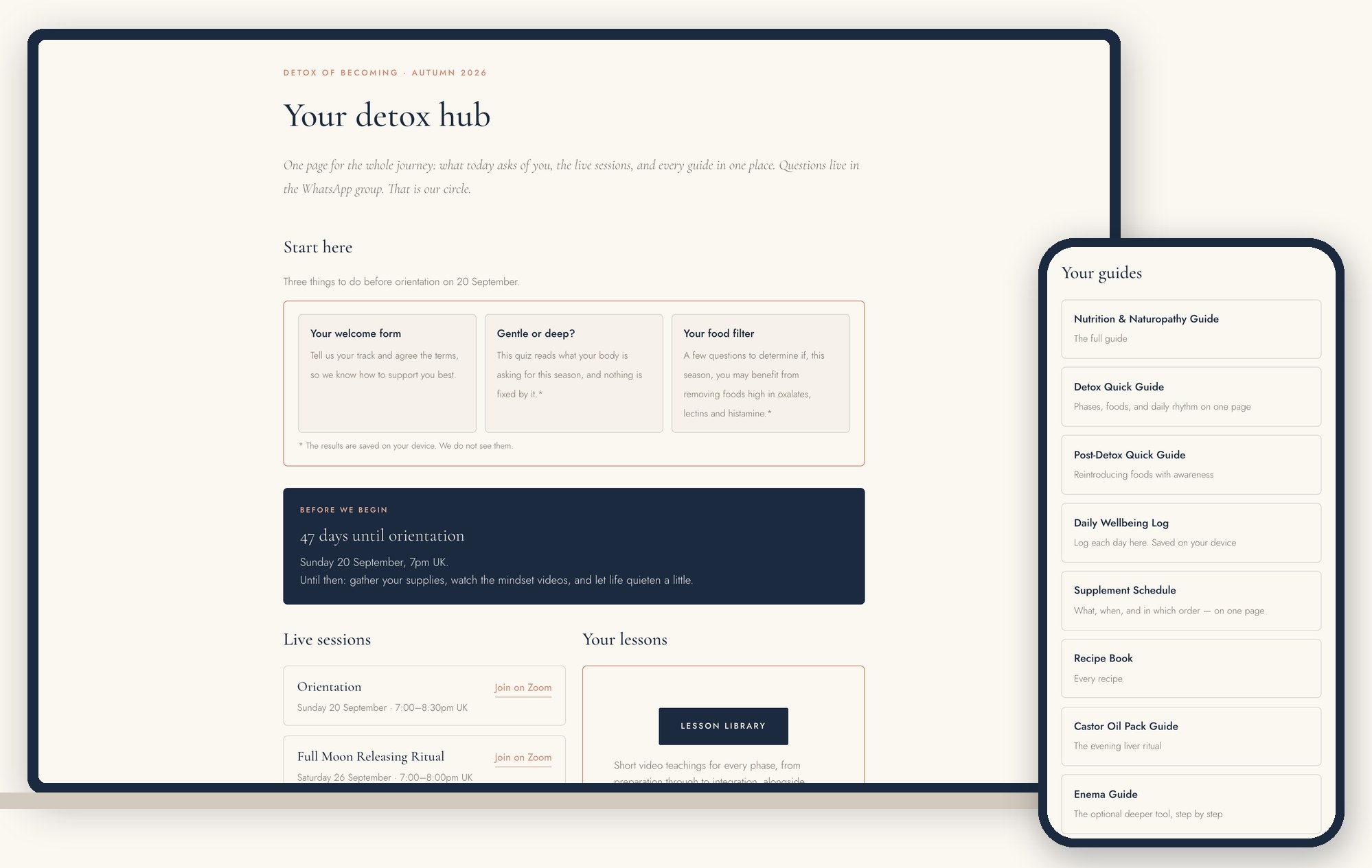 The participant hub shown on a laptop and a phone: one organised page with a start-here checklist, live session times and every guide