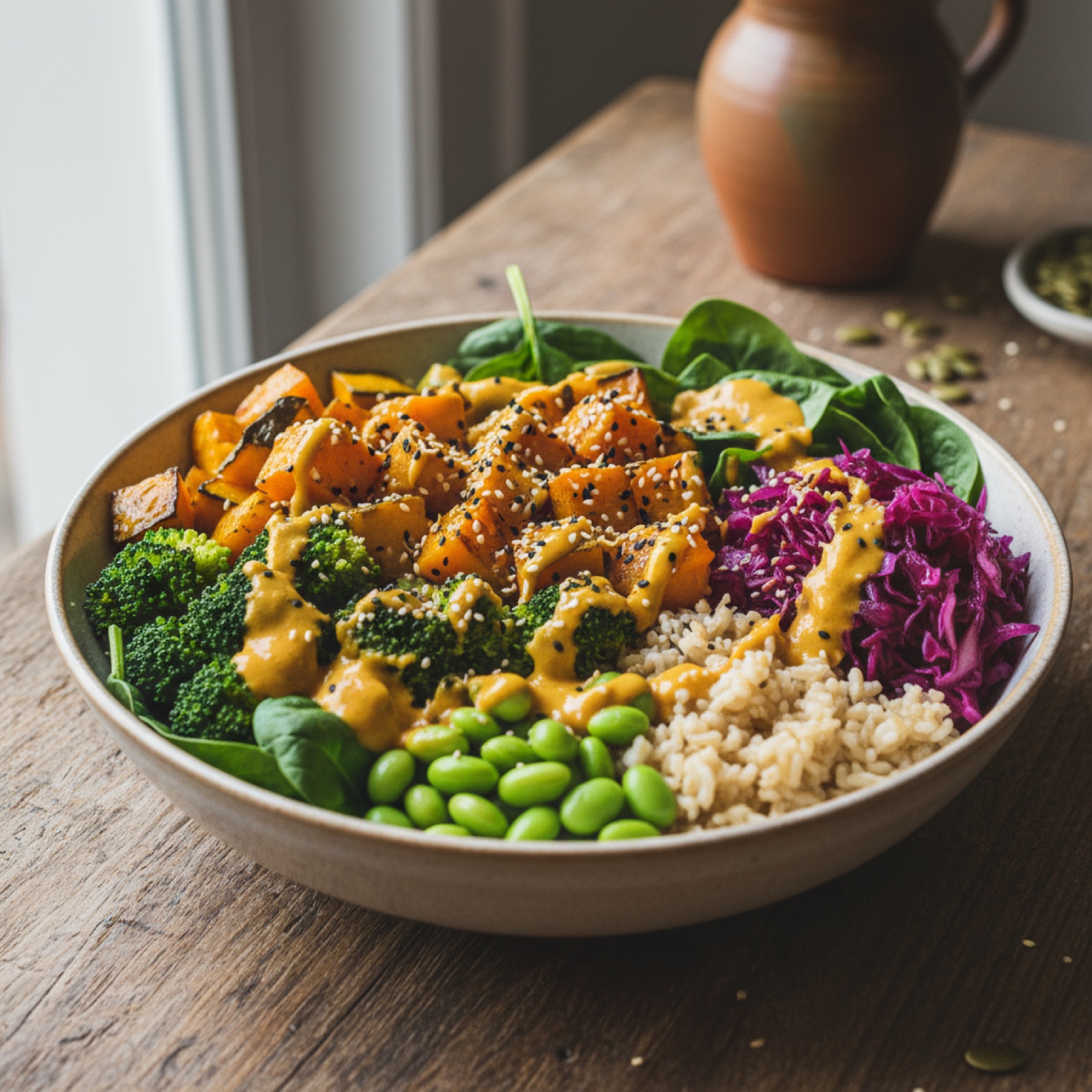 Golden harmony bowl with pumpkin, beans and coconut miso cream