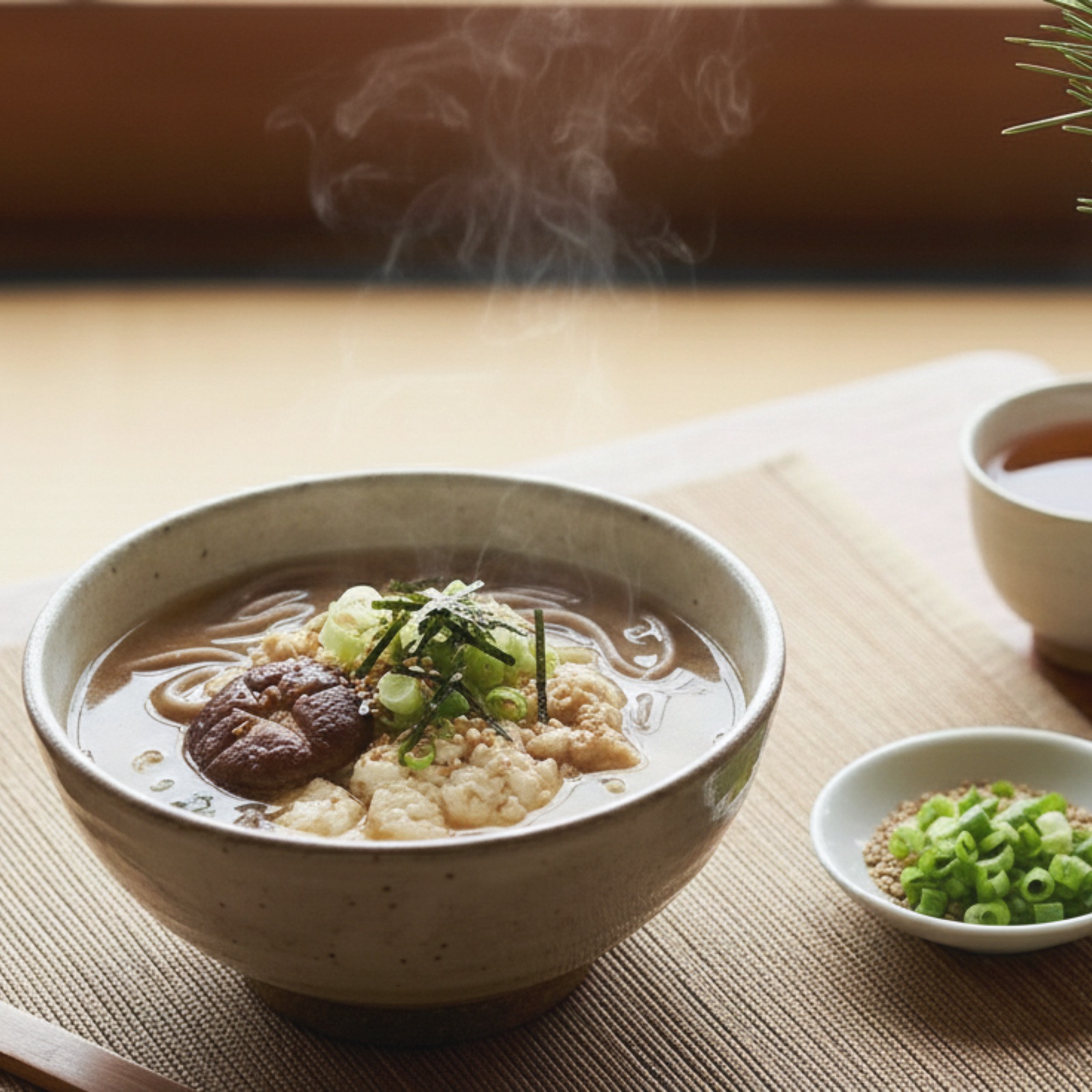 Miso soup with silken tofu, soba and mushrooms
