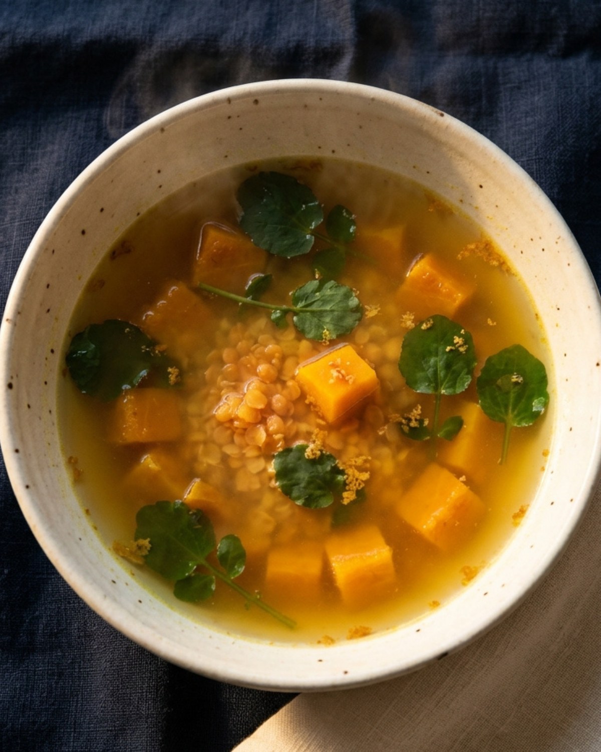 A speckled ceramic bowl of clear golden broth with cubes of pumpkin, red lentils and floating watercress