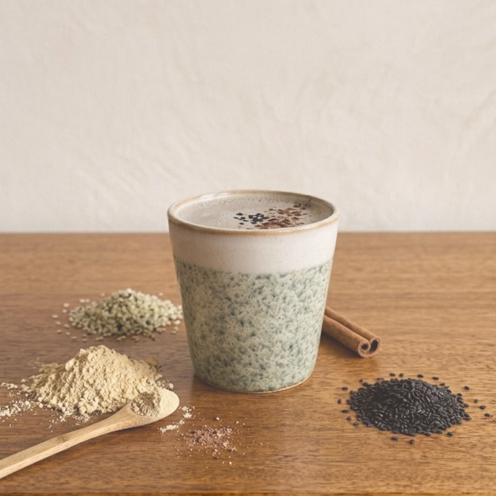 Sesame and maca strength elixir in a glass