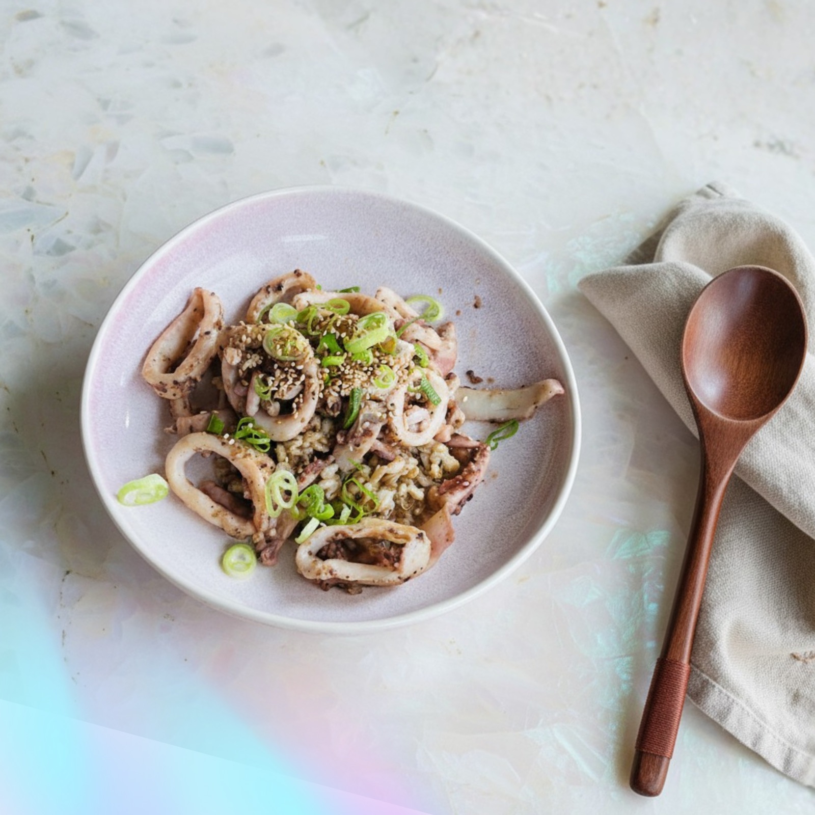 Sichuanese squid with barley and ume-dressed pak choi