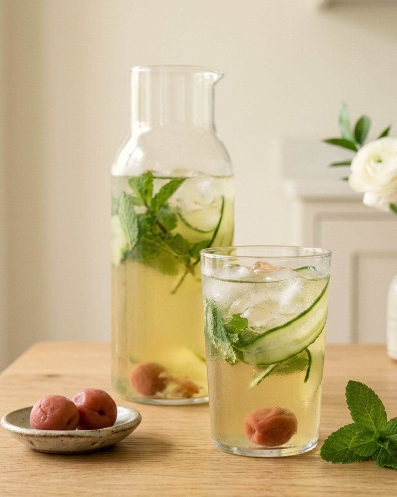 Ume and mint green tea cooler — cold-brewed sencha with umeboshi over ice